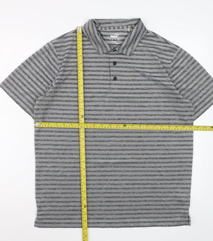 Puma Men’s Grey Striped Golf Polo Shirt Size L Quick Dry Performance
