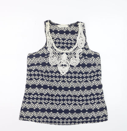 Fat Face Women's Blue Geometric Crochet Cotton Sleeveless Tank Top Size 12