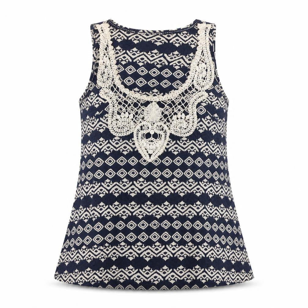 Fat Face Women's Blue Geometric Crochet Cotton Sleeveless Tank Top Size 12