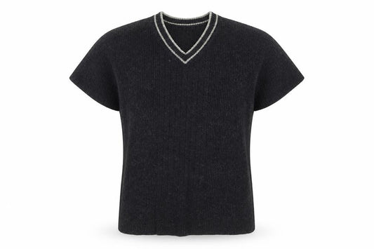 Banana Republic Women's Black Merino Wool V-Neck Short Sleeve Knit Top M