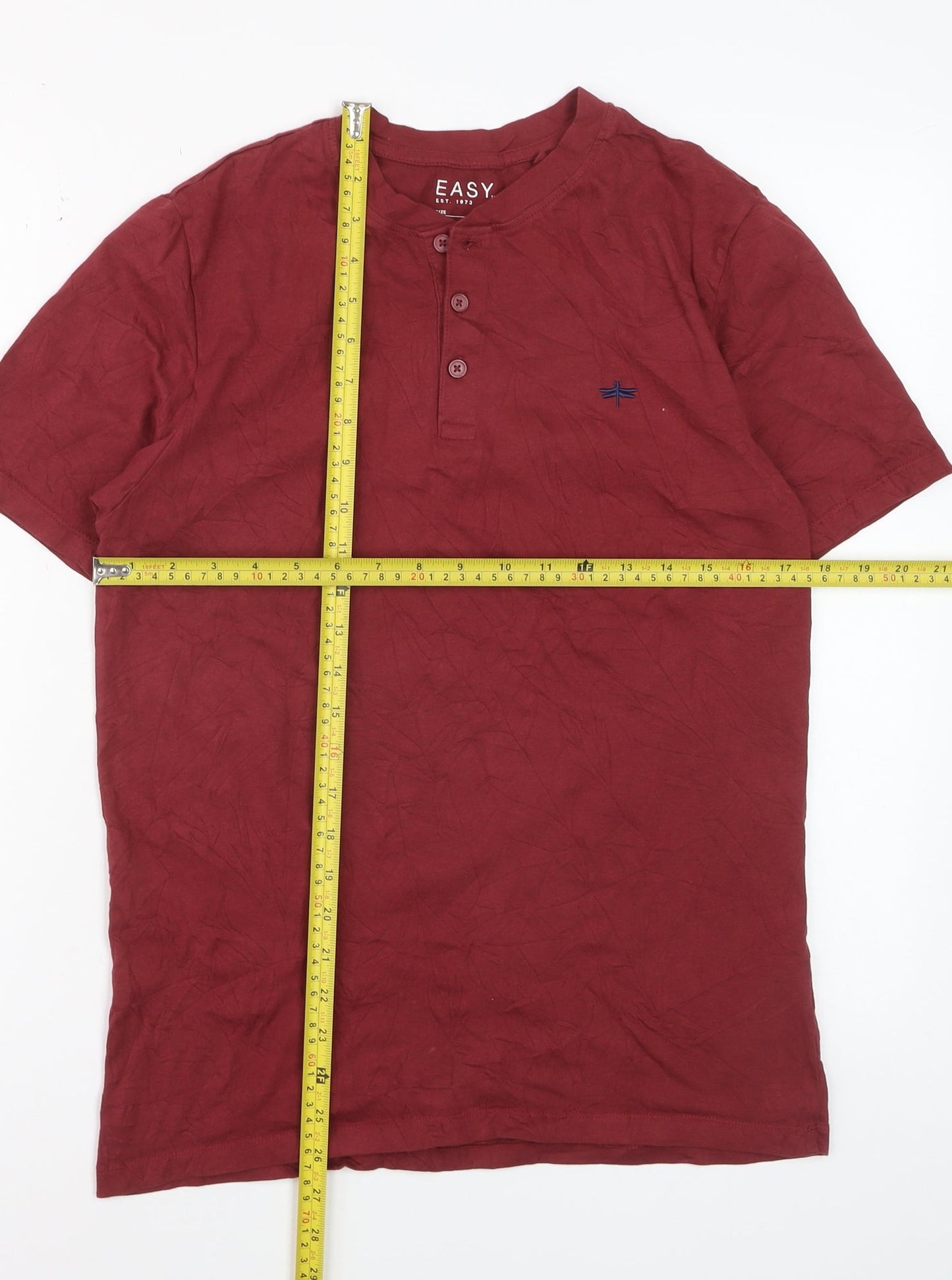 Easy Men's Burgundy Short Sleeve Henley T-Shirt Size S 100% Cotton