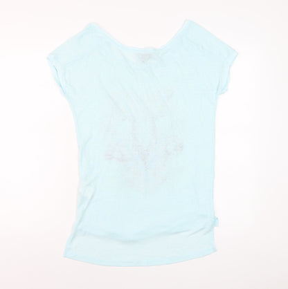 MNG Women Blue Tropical Parrot Print Linen Blend T-Shirt Size 12