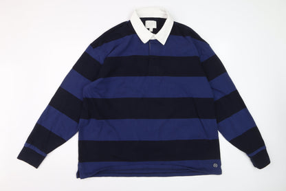 Marks and Spencer Men's Blue Striped Long Sleeve Polo XL Regular Cotton Blend