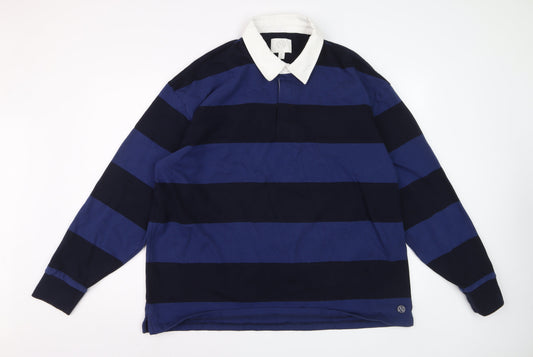 Marks and Spencer Men's Blue Striped Long Sleeve Polo XL Regular Cotton Blend