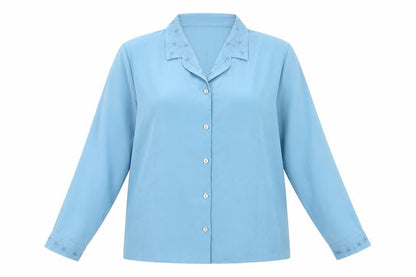 Bonmarché Women Blue Embroidered Collar Long Sleeve Button-Up Blouse Size 22