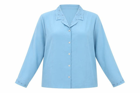 Bonmarché Women Blue Embroidered Collar Long Sleeve Button-Up Blouse Size 22