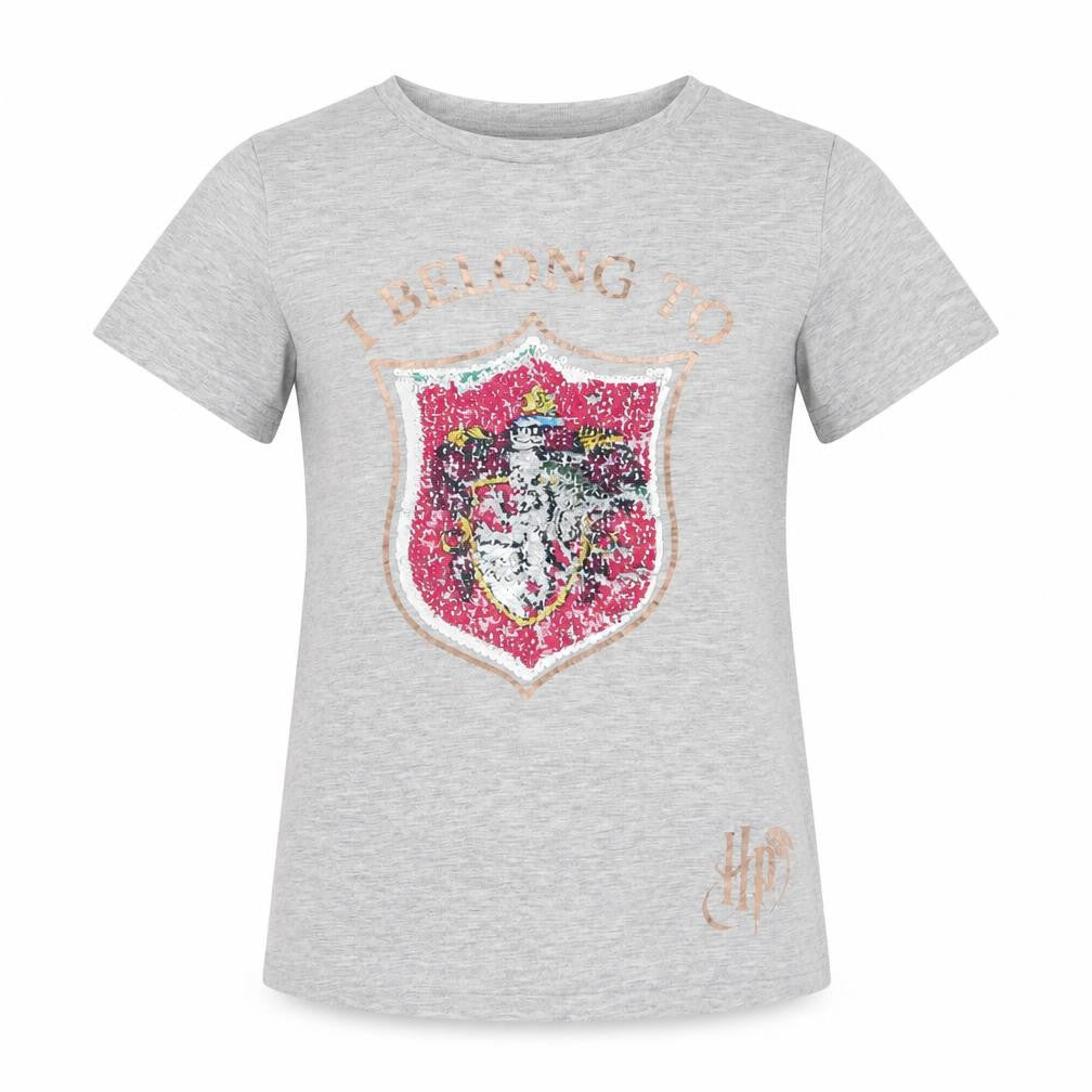 Front view of Harry Potter girls’ grey sequin crest short sleeve t-shirt 12-13 years