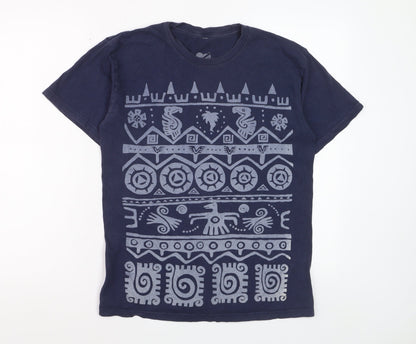 me&yu Mens Blue Aztec Graphic Handprinted Cotton T-Shirt M