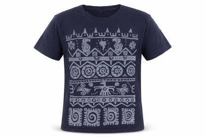 me&yu Mens Blue Aztec Graphic Handprinted Cotton T-Shirt M