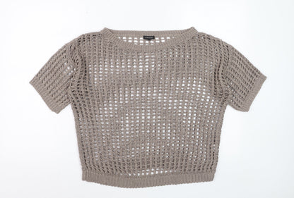 River Island Women Beige Open-Knit Short Sleeve Jumper Size 12