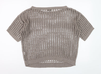 River Island Women Beige Open-Knit Short Sleeve Jumper Size 12