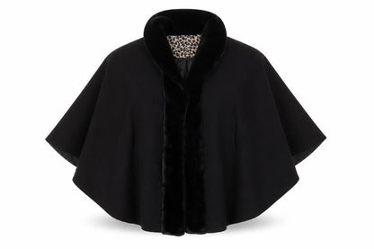 Excelled Collection Women's Black Fur Trim Cape L