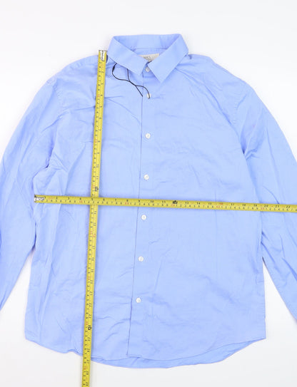 Marks and Spencer Men's Blue Cotton Long Sleeve Dress Shirt Medium