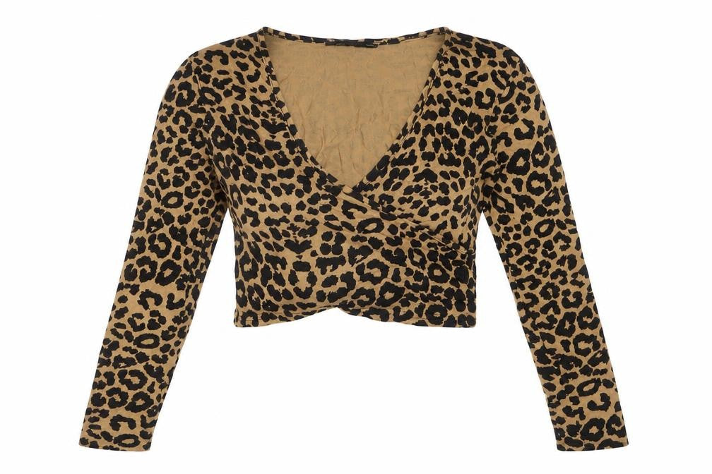 Nasty Gal Women’s Brown Leopard Print Cropped V-Neck Long Sleeve Top Size 8