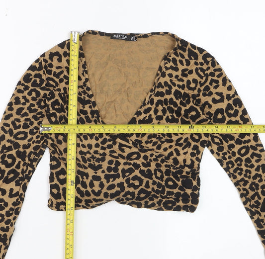Nasty Gal Women’s Brown Leopard Print Cropped V-Neck Long Sleeve Top Size 8