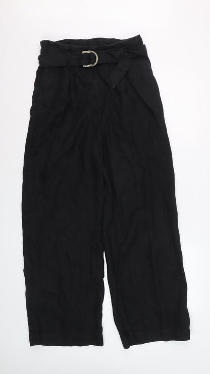 Marks and Spencer Womens Black Linen Belted Wide-Leg Trousers Size 12