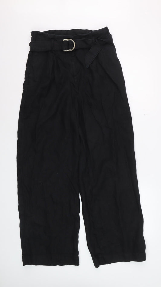 Marks and Spencer Womens Black Linen Belted Wide-Leg Trousers Size 12