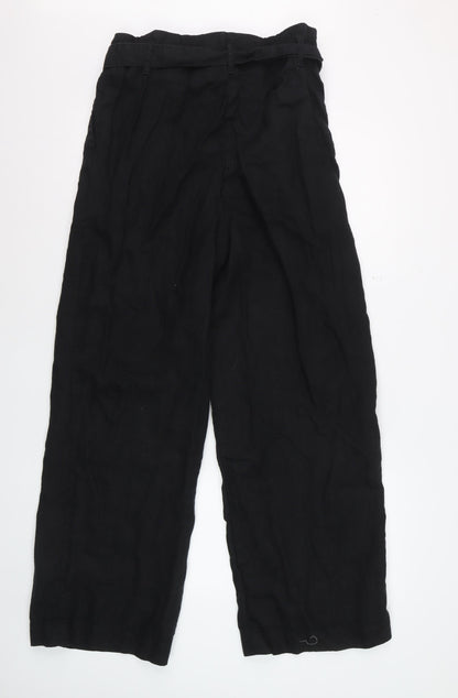 Marks and Spencer Womens Black Linen Belted Wide-Leg Trousers Size 12