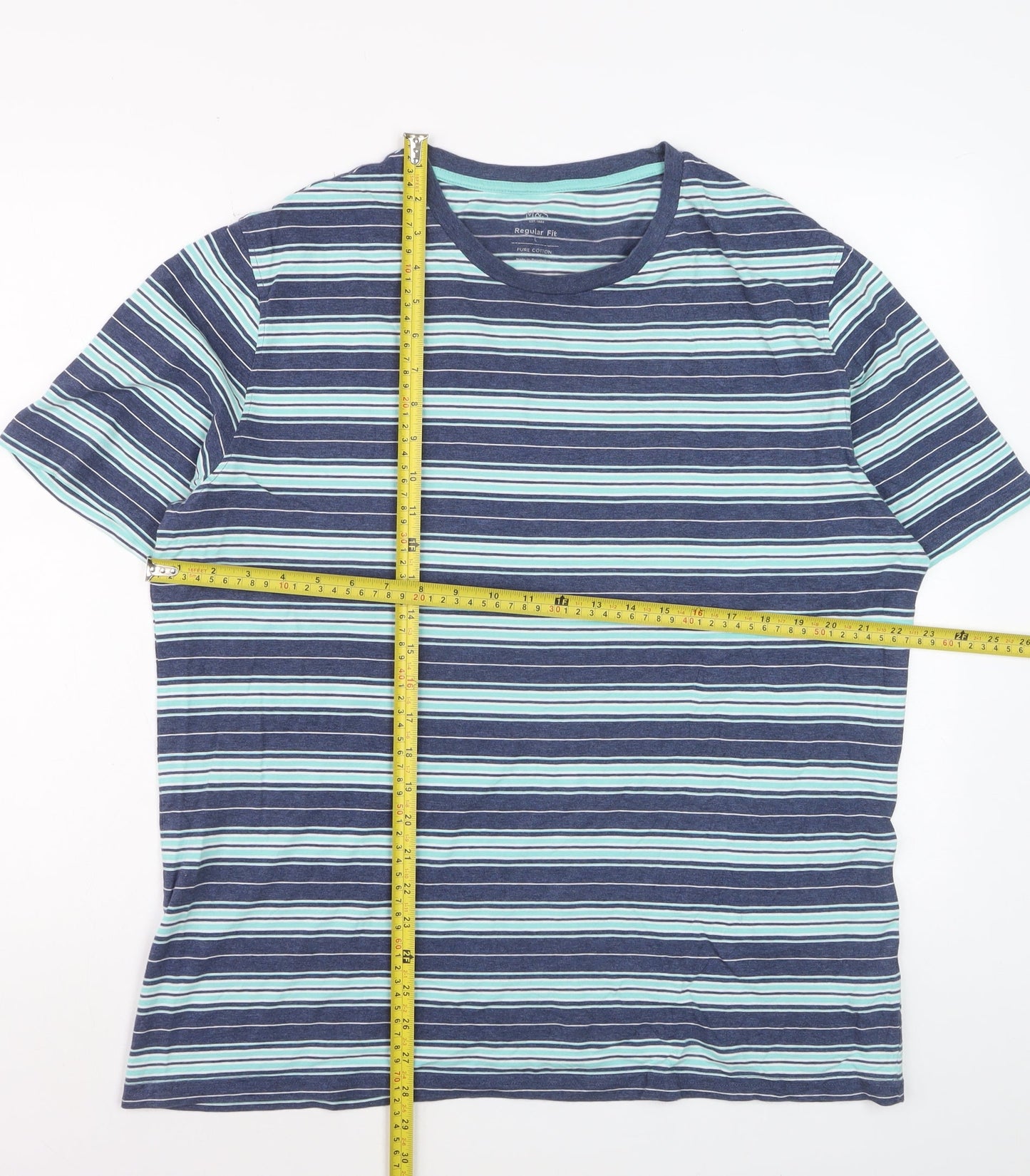 Marks and Spencer Men’s Blue Striped Regular Fit Cotton T-Shirt L