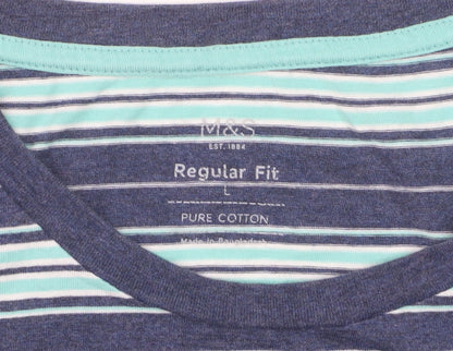 Marks and Spencer Men’s Blue Striped Regular Fit Cotton T-Shirt L
