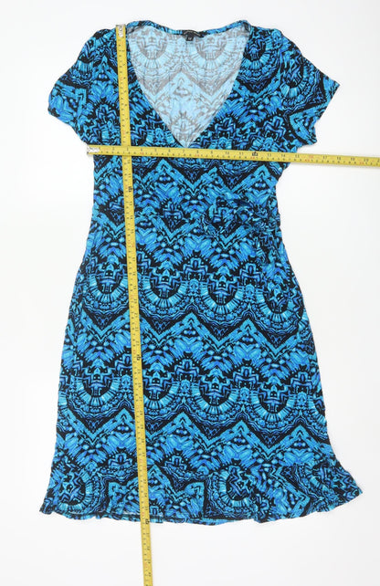 Roman Petite Blue Geometric Viscose Wrap Dress Women’s Size 12