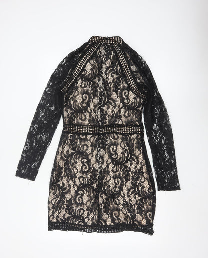 Quiz Women’s Black Lace Bodycon Short Dress Size 12 Long Sleeve