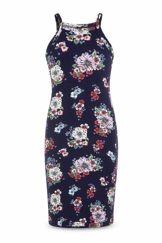 Front view of Red Herring women’s navy floral bodycon midi dress, size UK 10