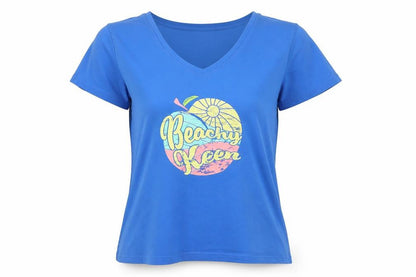 Mountain Warehouse Womens Blue V-Neck Beach Print Cotton T-Shirt Size 18