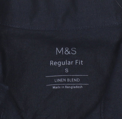 Marks and Spencer Men's Blue Linen Blend Regular Fit Short Sleeve Shirt S