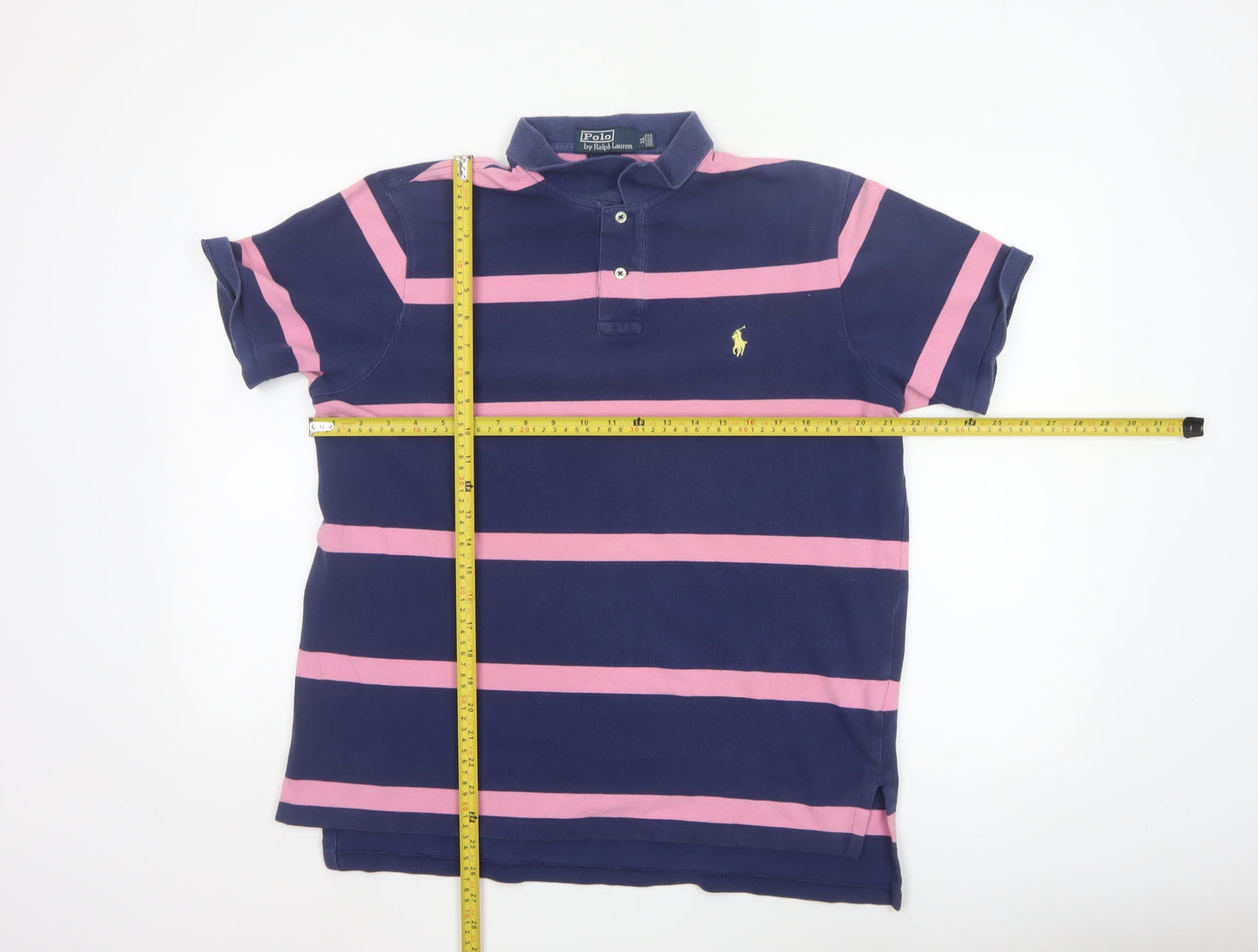 Ralph Lauren Mens Blue Pink Striped Polo Shirt XL Custom Fit