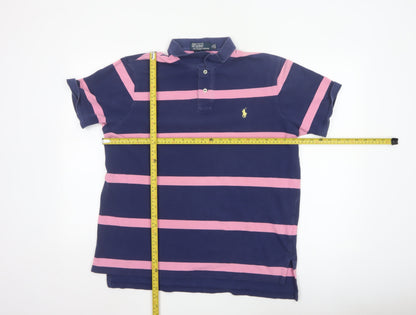 Ralph Lauren Mens Blue Pink Striped Polo Shirt XL Custom Fit