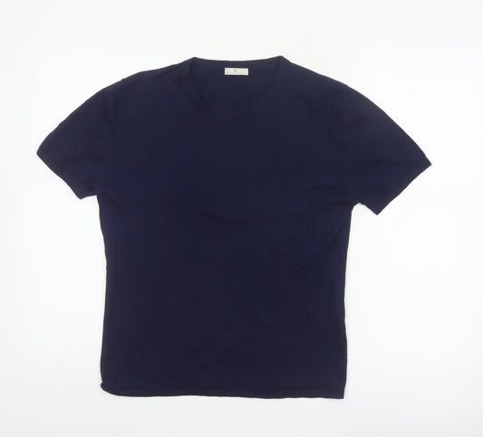House of Bruar Women's Blue Silk Cotton Cashmere Short Sleeve T-Shirt Size 12