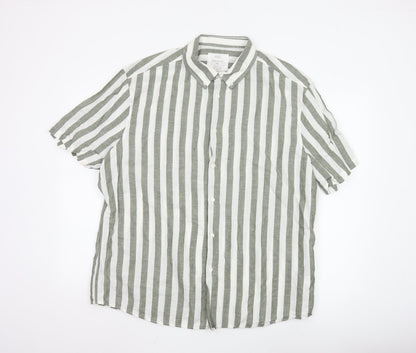 Marks and Spencer Men’s Green White Striped Linen Blend Shirt XXL Regular Fit