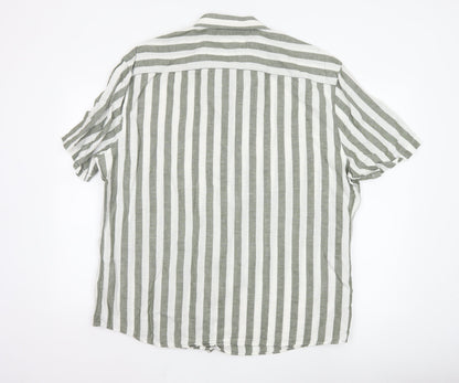 Marks and Spencer Men’s Green White Striped Linen Blend Shirt XXL Regular Fit