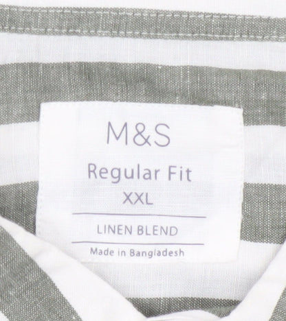Marks and Spencer Men’s Green White Striped Linen Blend Shirt XXL Regular Fit