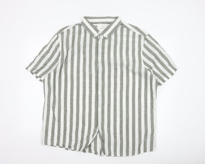 Marks and Spencer Men’s Green Striped Linen Blend Short Sleeve Shirt 2XL Regular Fit
