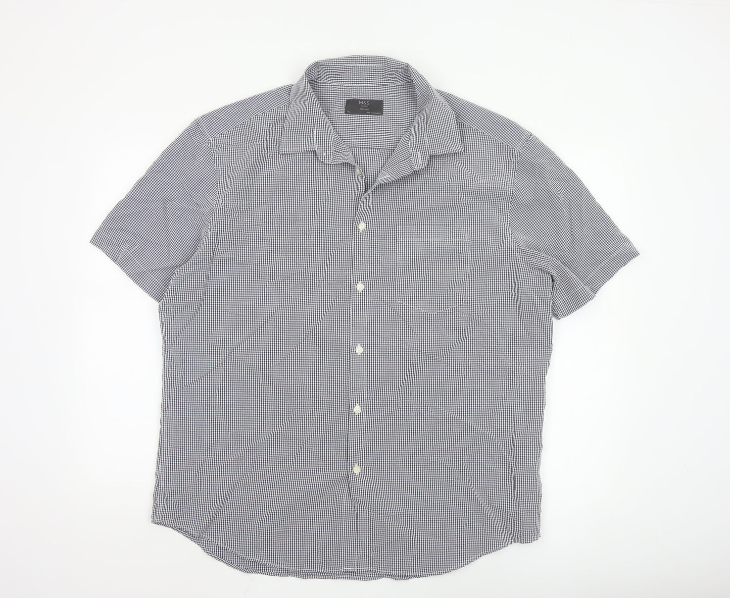 Marks and Spencer Men's Blue Check Regular Fit Short Sleeve Shirt XL