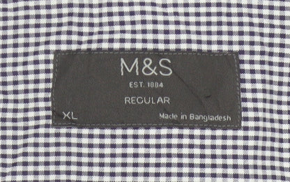 Marks and Spencer Men's Blue Check Regular Fit Short Sleeve Shirt XL