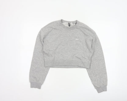 H&M Divided Womens Grey XS Cropped Pullover Sweatshirt Love Embroidered