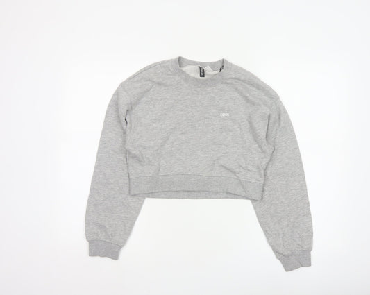 H&M Divided Womens Grey XS Cropped Pullover Sweatshirt Love Embroidered