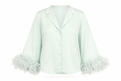 River Island Women Green Button-Up Beaded Feather Sleeve Shirt UK 10