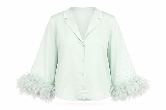 River Island Women Green Button-Up Beaded Feather Sleeve Shirt UK 10