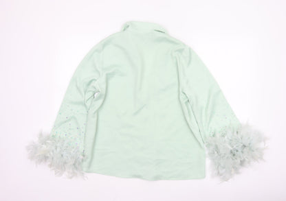 River Island Women Green Button-Up Beaded Feather Sleeve Shirt UK 10