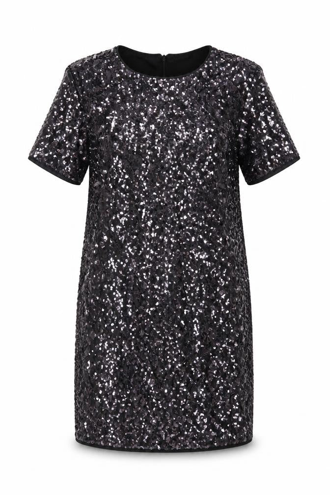 Front view of Dorothy Perkins Women Black Sequin Shift Dress UK 10 Party Short Sleeve