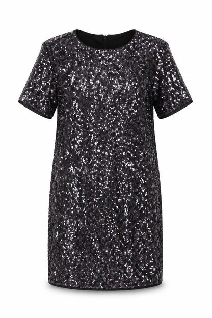 Front view of Dorothy Perkins Women Black Sequin Shift Dress UK 10 Party Short Sleeve