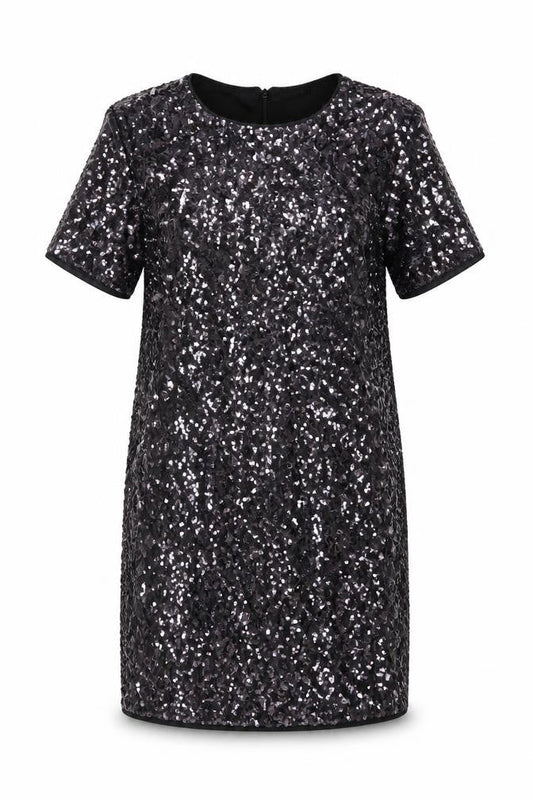 Front view of Dorothy Perkins Women Black Sequin Shift Dress UK 10 Party Short Sleeve