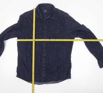 Marks and Spencer Men's Blue Denim Long Sleeve Regular Fit Shirt L