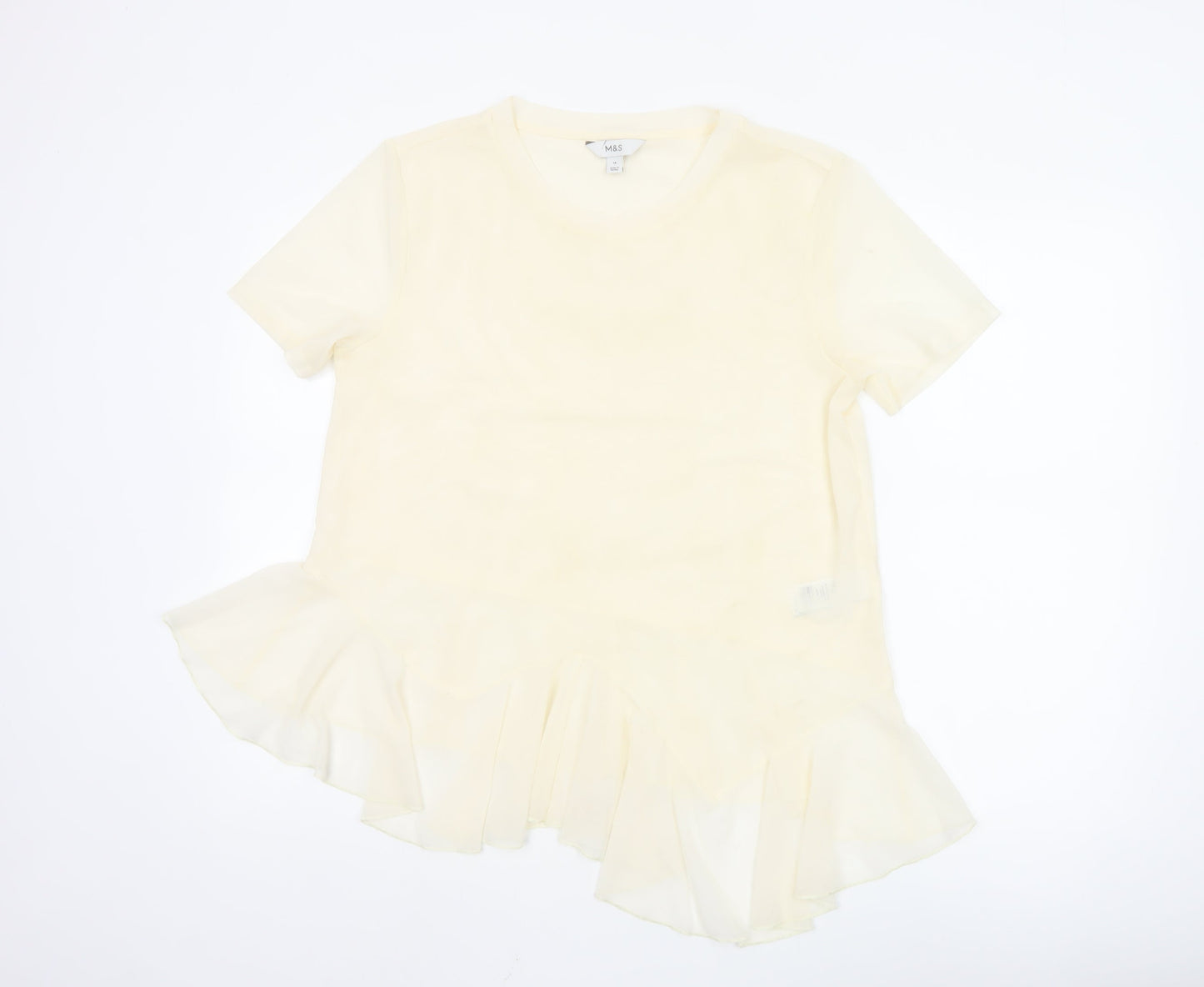 Marks and Spencer Womens Beige Short Sleeve Ruffle Hem Top Size 14