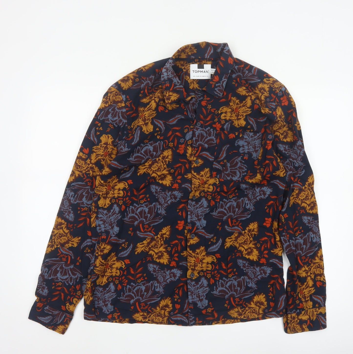 Topman Men's Navy Floral Long Sleeve Button-Up Shirt Size L