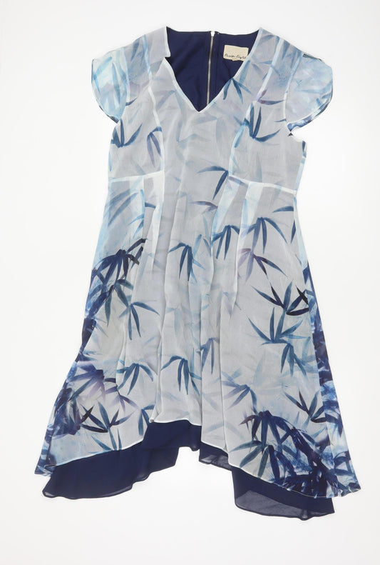 Phase Eight Women Blue Floral Asymmetric Midi Dress UK 12